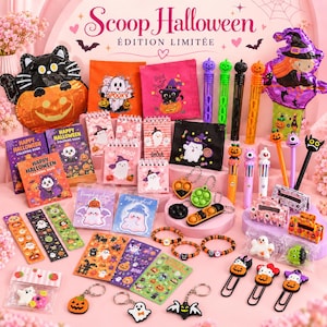 Op de afbeelding: Een verzameling Halloween-feestartikelen, waaronder kleurboeken, stickers, bellenblaasstokjes, sleutelhangers, notitieboekjes, tasjes en haarclips. De items bevatten geesten, pompoenen en katten in oranje, zwart, paars en groen.