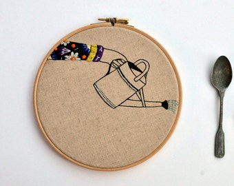 The Watering Can hand embroidery hoop art wall hanging