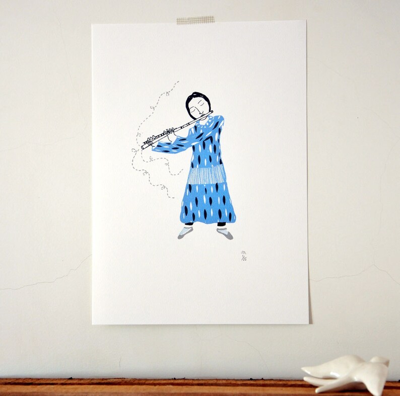 The Flutist original art gocco screenprint image 2