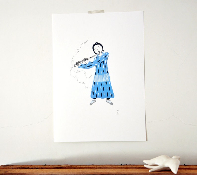 The Flutist Original Art Gocco Screen Print Etsy