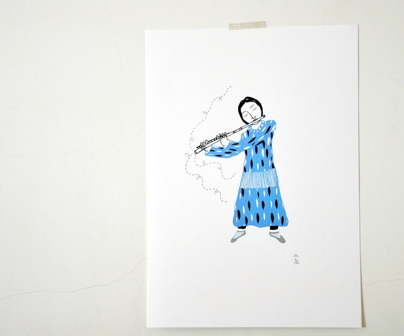 The Flutist Original Art Gocco Screen Print Etsy