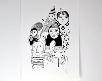 May include: Black and white art print featuring a cluster of stylized faces with various patterns and expressions. The artwork is mounted on white paper and secured with tape to a white wall.