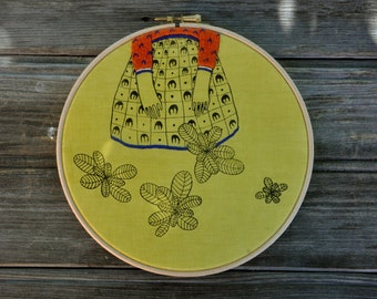 Lady Mint - original mixed media embroidery hoop art hand dye fabric