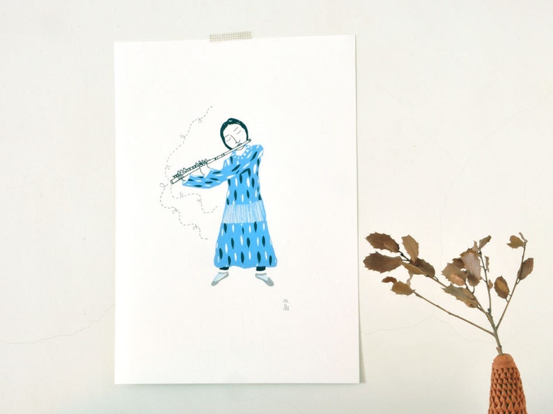 The Flutist original art gocco screenprint image 4