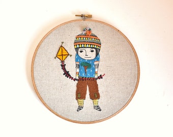 Drop Girl and Kite embroidery textile wall hanging art