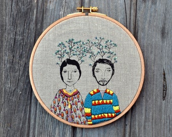 Twig Couple, embroidery, hoop art, wall hanging