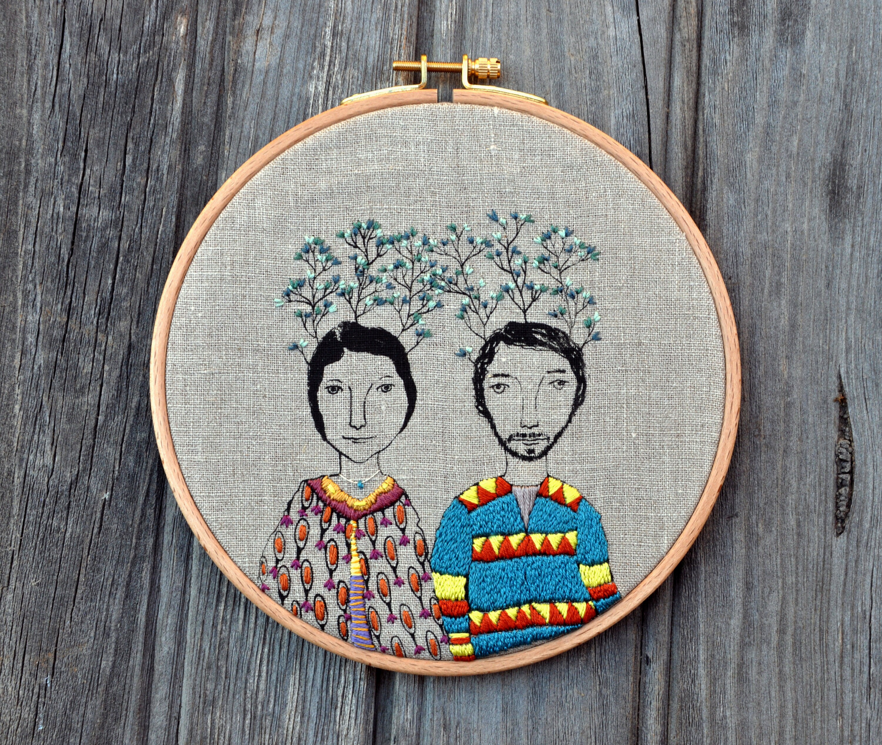Twig Couple, embroidery, hoop art, wall hanging