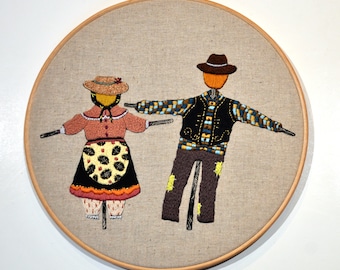 The Scarecrow Couple original mixed media hand embroidery hanging hoop art