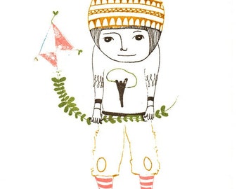 May include: A cartoon illustration of a person wearing a yellow and brown striped hat, a white shirt with a tree design, white pants with red and white striped socks, and brown shoes. The person is holding a pink and white kite with a green vine.