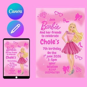 Glitzerpuppenparty und Freunde Geburtstagsfeier Einladung barbie, Digitale selbst bearbeitbare Canva Vorlage