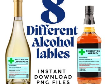 Puede incluir: Ocho etiquetas de alcohol imprimibles diferentes con un tema de receta. Las etiquetas presentan una cruz verde, las palabras "Receta" y el tipo de alcohol, como "Champán" o "Whisky". Las etiquetas están diseñadas para parecerse a botellas de receta.