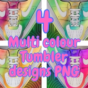 Puede incluir: Cuatro diseños diferentes de zapatillas con un efecto tie-dye multicolor. Las zapatillas son blancas con un logotipo swoosh blanco y cordones blancos. El texto "4 Multi colour Tumbler designs PNG" se muestra en la imagen.