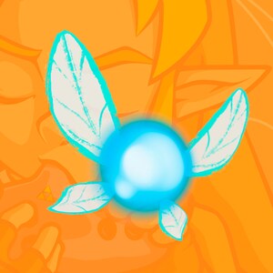 May include: A blue fairy with white wings and a glowing blue orb in the center. The fairy is flying in front of an orange background.