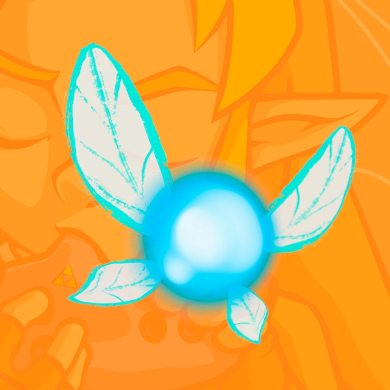 May include: A blue fairy with white wings and a glowing blue orb in the center. The fairy is flying in front of an orange background.