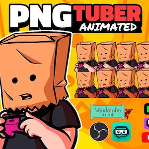Könnte beinhalten: Ein Comic-Charakter mit einer braunen Papiertüte über dem Kopf hält einen rosa Videospiel-Controller. Der Charakter trägt ein schwarzes Hemd. Der Hintergrund ist gelb und zeigt den Text "PNG TUBER ANIMATED" sowie verschiedene Logos, darunter YouTube, Twitch und eine Videobearbeitungssoftware.