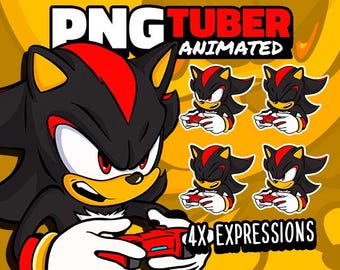 May include: A black and red cartoon character with a menacing expression is holding a video game controller. The character is labeled "PNG TUBER ANIMATED" and has four different expressions. The text "4X EXPRESSIONS" is also included in the image.