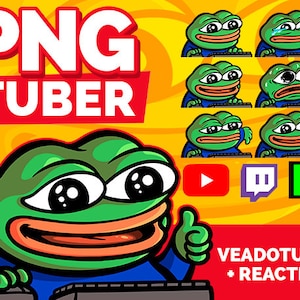 May include: A green cartoon frog wearing a blue shirt and giving a thumbs up. The frog is sitting in front of a computer keyboard and has a YouTube, Twitch, and a green K logo behind it. The text "PNG TUBER" is in red and white letters at the top of the image. The text "VEADOTUBE + REACTIVE" is in white letters on a red background at the bottom of the image.