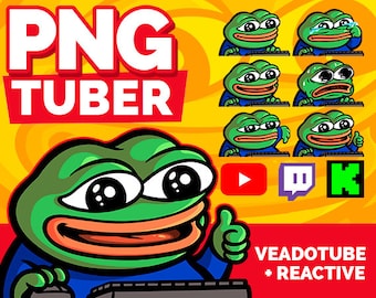 May include: A green cartoon frog wearing a blue shirt and a thumbs up emoji. The frog is sitting in front of a computer keyboard and has a YouTube, Twitch, and a green K logo behind it. The text "PNG TUBER" is in red and white letters at the top of the image. The text "VEADOTUBE + REACTIVE" is in white letters on a red background at the bottom of the image.