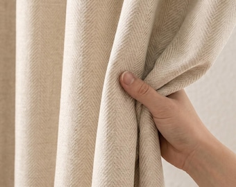 Herringbone Linen Curtain Panels, Custom Size Extra Wide Drapery for Living Room, Heavy Linen Panels, Privacy Lined or Blackout