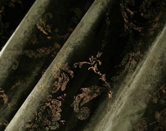 Green Velvet 100% Blackout Curtains, Gold Pattern Luxury Drapes, Custom Size Velvet Room Darkening Curtain Panels