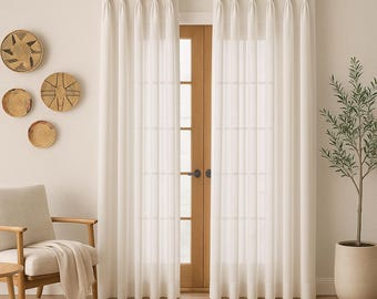 Triple Pinch Pleat Linen Sheer Curtain Panels for Bedroom & Living Room, Custom Size Sheer, 9 Colors