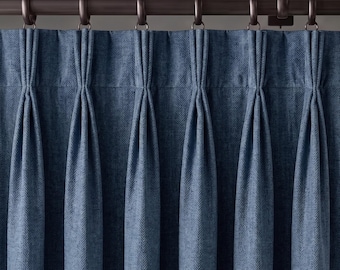 Pinch Pleat Navy Linen Herringbone Curtains, Custom Heavyweight Linen Drapery, Blackout or Cotton Lined Window Panels