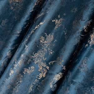 100% Blackout Luxury Velvet Curtain Gold Gilded Accent – Custom Blue Velvet Drapes Drapes for Living Room & Bedroom