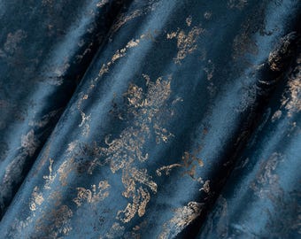 Blue Velvet 100% Blackout Curtains, Gold Gilded Pattern Luxury Drapes, Custom Velvet Curtains for Living Room & Bedroom
