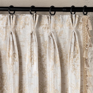 Luxury Damask Tassel Fringe Curtain | Triple Pinch Pleat Jacquard Drapes | Classic Decorative Living Room Panel | Matching Tieback Included