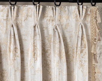 Triple Pinch Pleat Damask Curtains, Gold Beige Jacquard Drapes with Tassel Fringe, Elegant Custom Size Drapery