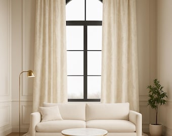 Luxury Extra Long Cream Velvet Curtains with Gold Paisley Pattern, High Ceiling Drapes, Custom Made Floor to Ceiling Velvet Drapery