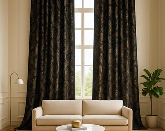 Luxury Extra Long Black Velvet Curtains with Gold Paisley Pattern, High Ceiling Drapes, Custom Made Floor to Ceiling Velvet Drapery