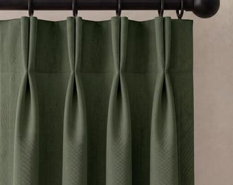 Pinch Pleat Green Linen Curtains, Custom Heavyweight Linen Drapes, Blackout or Cotton Lined Window Panels