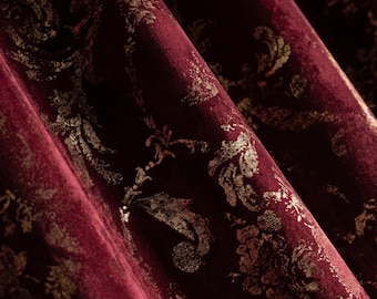 Dark Wine Red Velvet 100% Blackout Curtains, Gold Pattern Luxury Drapes, Custom Size Velvet Room Darkening Curtain Panels