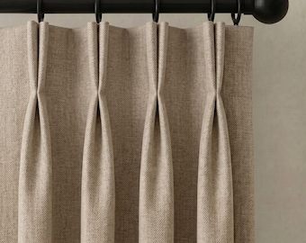 Pinch Pleat Herringbone Linen Curtains, Custom Heavyweight Linen Drapery, Blackout or Cotton Lined Window Panels