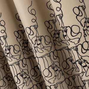 100% Blackout Embroidered Face Line Art Linen Curtains, Custom Size Grommet Drapes, Modern Minimalist Abstract Window Curtain