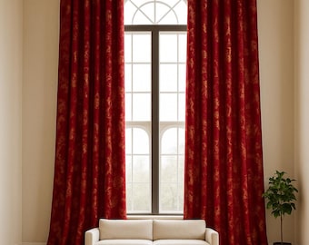Luxury Extra Long Dark Red Curtains with Gold Accents, High Ceiling Drapes, Custom Made Floor to Ceiling Velvet Drapery