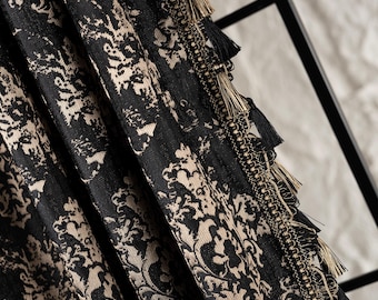 Double Pinch Pleated Luxury Damask Curtains, Jacquard Curtain with Tassel Fringe, Matching Tieback Included