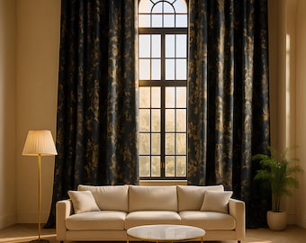 Luxury Extra Long Black Velvet Curtains with Gold Accents, High Ceiling Drapes, Custom Made Floor to Ceiling Velvet Drapery