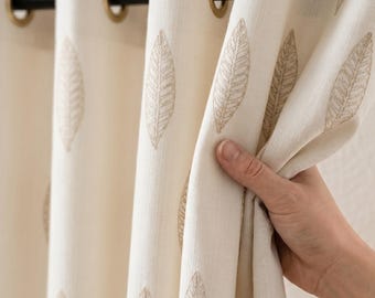Embroidered Leaf Linen Curtains, Custom Size Extra Wide Drapery for Living Room, Heavy Linen Panels, Cotton Lined or Blackout