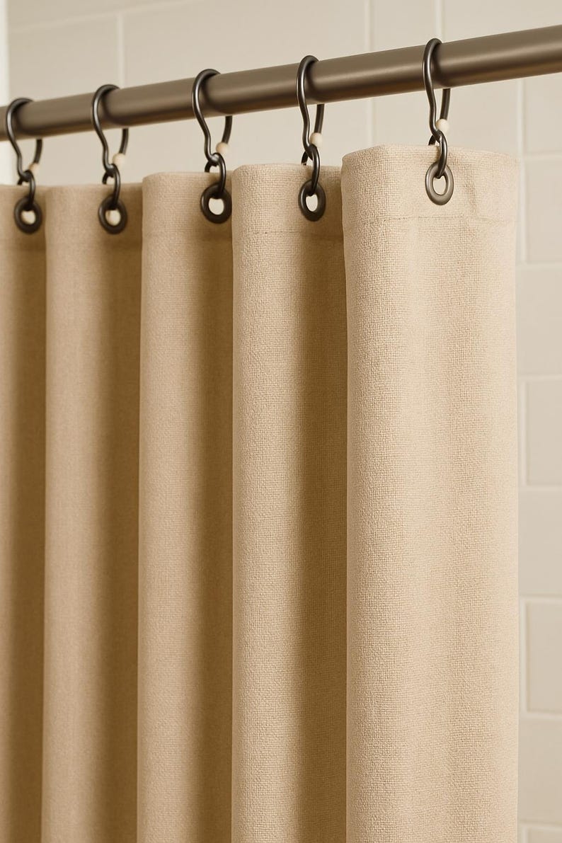 Puede incluir: Cortina de ducha beige con tejido texturizado, colgada de una barra de metal oscuro con ganchos a juego. La cortina est&aacute; hecha de un material grueso y opaco, que proporciona privacidad. El fondo es una pared de azulejos blancos.