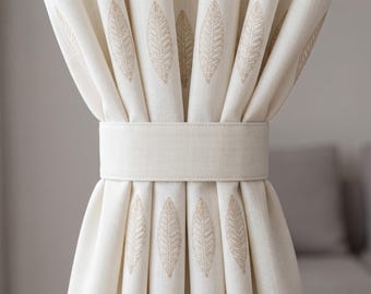 Cortinas de lino con bordado de hojas, cortinas extra anchas a medida para sala de estar, paneles de lino grueso, forradas de algodón o con opción opaca.