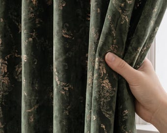 Green Velvet Curtains, Gold Gilded Curtain Panel, Custom Luxury Velvet Drapes, Blackout or Cotton Lined Window Panels