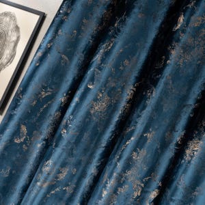 Luxury Blue Velvet Curtain with Floral Pattern and Gold Gilded Accent – Custom Size Velvet Drapes for Living Room & Bedroom