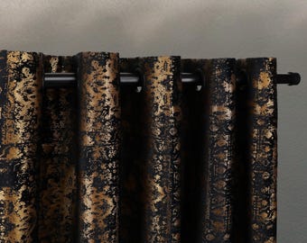 Cortinas opacas de terciopelo negro, lujosas cortinas con estampado dorado, paneles de terciopelo a medida para oscurecer la habitación.