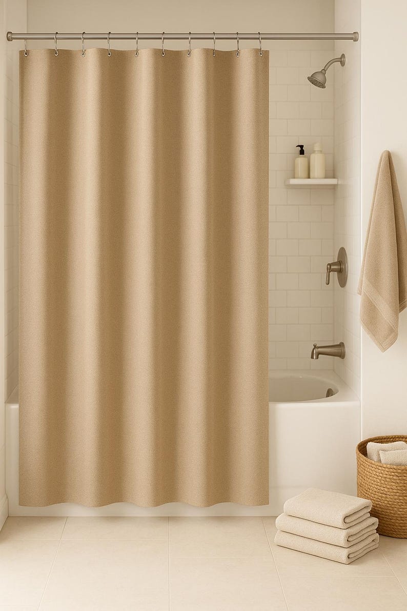 Bring warmth and elegance to your bathroom with this beautiful beige shower curtain featuring a smooth faux linen texture. Perfect for those who love a minimalist, boho, or natural décor style.