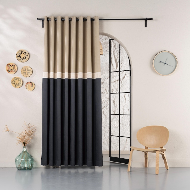 Two Tone Drapery Rods Two Tone Linen Curtains With Greek Key Border, Custom Color Block ...