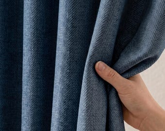 Navy Blue Herringbone Linen Curtains, Custom Size Extra Wide Drapery for Living Room, Heavy Linen Panels, Privacy Lined or Blackout