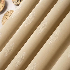 Beige Embroidered Linen Curtain, Natural Leaf Pattern, Custom Size Elegant Drapery Panel