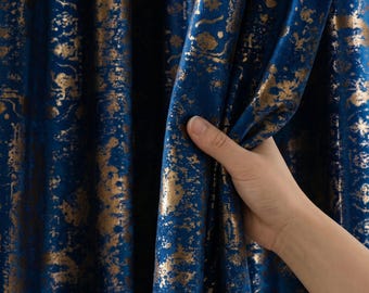 Blue Gold Velvet Curtains, Custom Heavy Luxury Drapes, Blackout or Cotton Lined Window Panels, Multiple Colors & Heading Styles